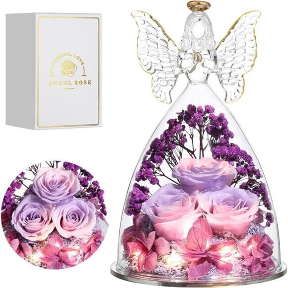 Christmas Rose Gifts for Women Preserved Real Flower in Glass Angel Figurines